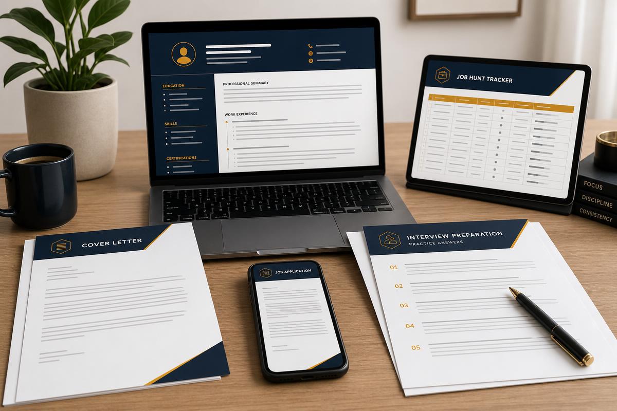 Mockups of the CV template, cover letter, job application message, interview answer sheets and job hunt tracker