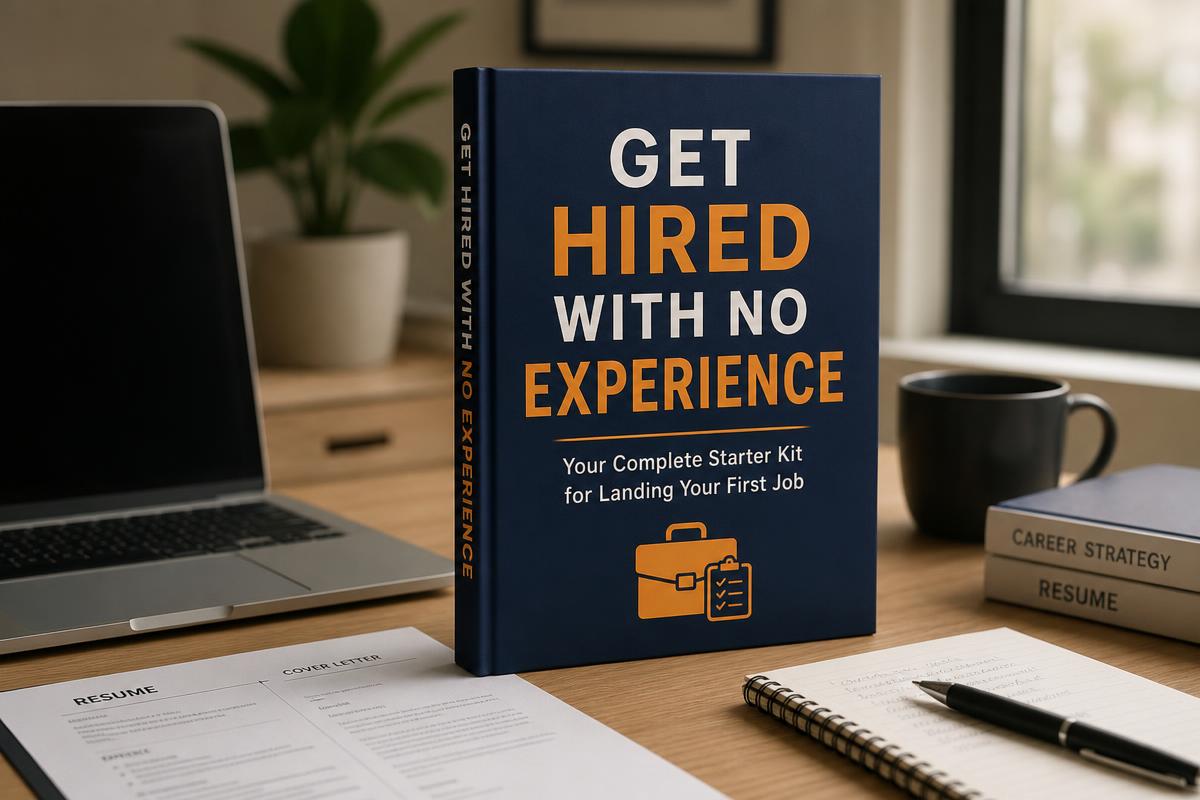 Premium mockup of the Get Hired With No Experience ebook on a desk with a laptop and notebook