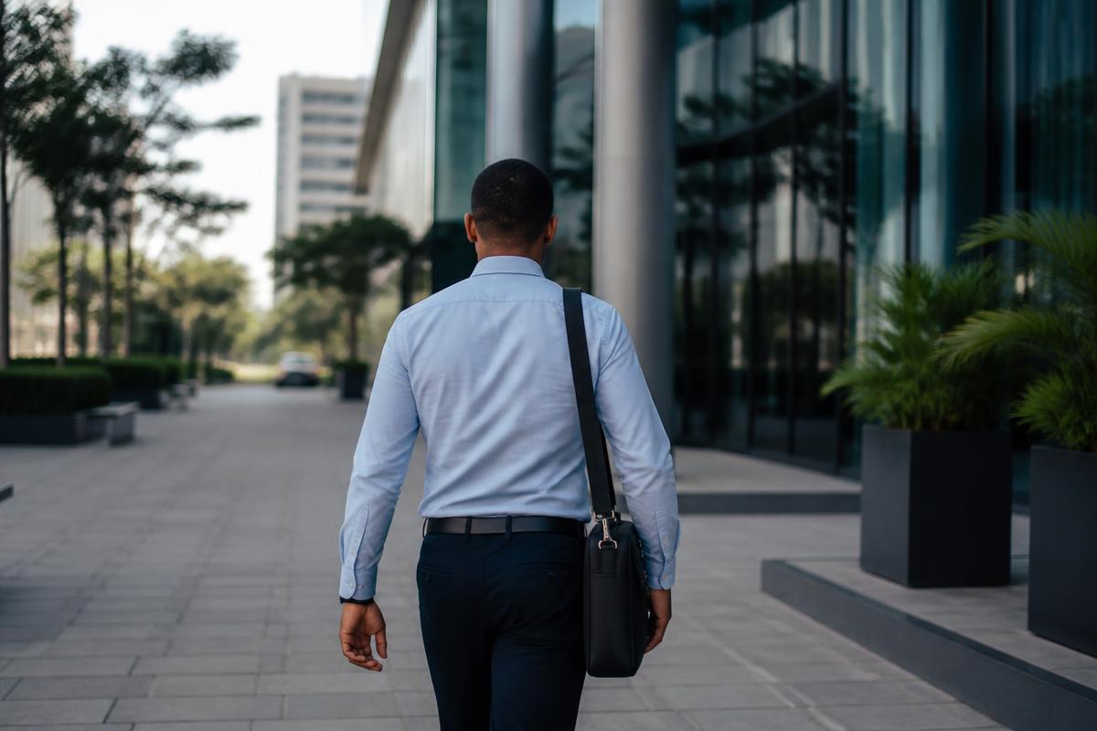 A young Nigerian professional walking toward a modern office building in the morning