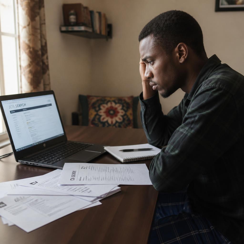 A young Nigerian graduate sitting at a home workspace looking at job listings on a laptop