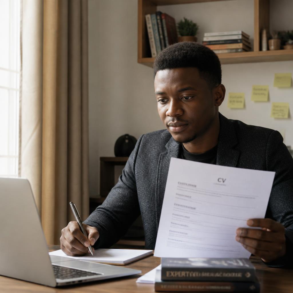 A young Nigerian professional reviewing a CV and taking notes at a laptop